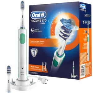 Periuta de dinti electrica Oral-B TRIZONE 670, 2 capete incluse, 20000 pulsatii/min, Curatare 3D, Alb/Verde