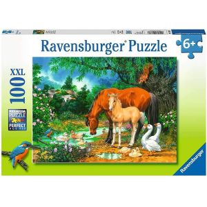 Jucarie Puzzle, Ravensburger, Animale la iaz, 100 piese, Multicolor