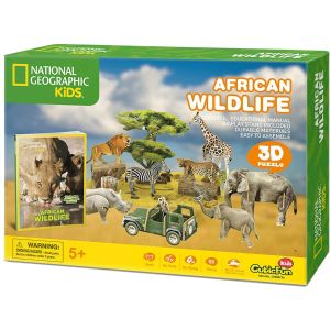 Jucarie Puzzle 3D, CubicFun, National Geographic Kids, Animale salbatice, 69 piese, Multicolor