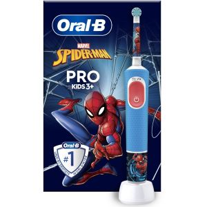 Periuta de dinti electrica Oral-B Pro Kids Spiderman pentru copii, Curatare 2D, 2 programe, 1 capat, 4 autocolante, Albastru