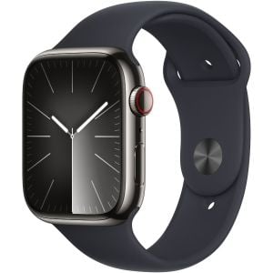 Apple Watch 9, GPS, Cellular, Carcasa Graphite Stainless Steel 45mm, M/L, Midnight Sport Band