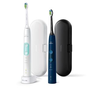 Set 2 periute de dinti sonice electrice Philips Sonicare ProtectiveClean HX6851/34, 62000 miscari/minut, 3 moduri de curatare, senzor presiune, functie BrushSync, 2 tocuri de transport, 2 capete de periere, Alb/Albastru