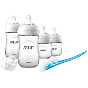 Set nou-nascut Natural Philips-Avent SCD301/01, 4 biberoane, 1 suzeta, 1 perie de curatare, fara BPA, 0-12 luni, Transparent