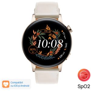 Ceas Smartwatch Huawei Watch GT3, 42mm, Elegant Edition, Curea din piele, Alb