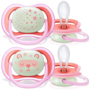 Suzeta de noapte Philips-AVENT Ultra Air, 6-18 luni, 2 bucati, fete, fosforescente, Roz