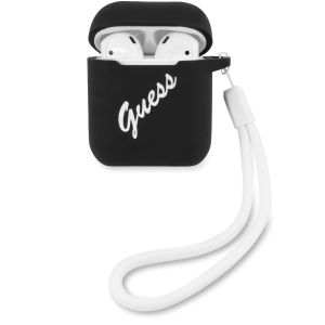 Husa casti Guess pentru AirPods 1/AirPods 2, Vintage with Strap, Silicon, Black