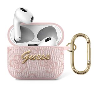 Husa casti Guess pentru Apple AirPods 3, 4G Script, Textil, Pink