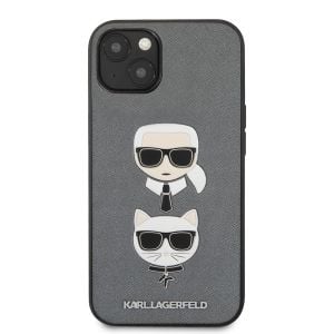 Husa telefon Karl Lagerfeld pentru iPhone 13, Saffiano Karl and Choupette Heads, Silver