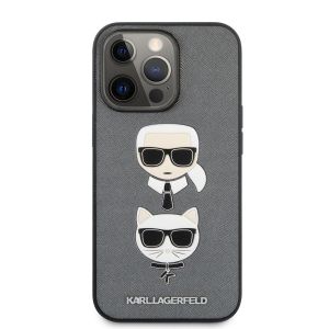Husa telefon Karl Lagerfeld pentru iPhone 13 Pro Max, Saffiano Karl and Choupette Heads, Silver