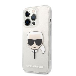 Husa telefon Karl Lagerfeld pentru iPhone 13 Pro Max, Karl Head Full Glitter, KLHCP13XKHTUGLS, Plastic, Silver