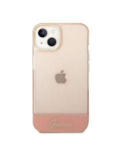 Husa de protectie telefon Guess pentru iPhone 14 Plus, Camera Outline and Logo Script, Plastic, Roz