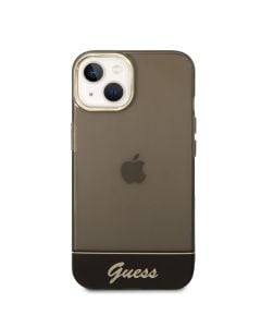 Husa de protectie telefon Guess pentru iPhone 14 Plus, Camera Outline and Logo Script, Plastic, Negru