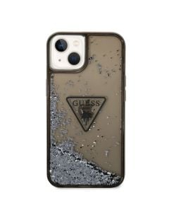 Husa de protectie telefon Guess pentru iPhone 14, Liquid Glitter and Triangle Logo, Plastic, Negru