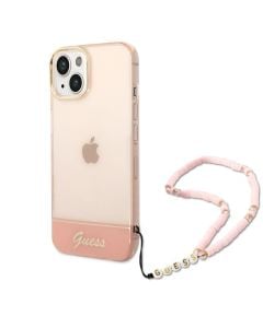 Husa de protectie telefon Guess pentru iPhone 14 Plus, Double Layer Electroplated with strap, Plastic, Roz 