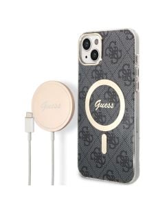 Husa de protectie telefon Guess pentru iPhone 14 Plus si Incarcator wireless si cablu, Silicon, Magsafe, Negru