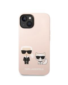Husa de protectie telefon Karl Lagerfeld pentru iPhone 14, Karl and Choupette, MagSafe, Silicon lichid, Roz