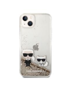 Husa telefon Karl Lagerfeld pentru iPhone 14 Plus, Liquid Glitter Karl and Choupette, Plastic, Auriu