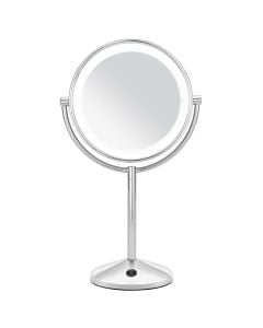 Oglinda cosmetica BaByliss 9436E, Led, Lupa, Marire 10x, 19 cm, 2 fete, rotire 360 grade, Baterii AA, Argintiu