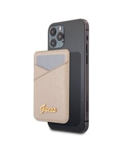 Suport pentru telefon tip  card Guess compatibil cu Apple MagSafe, Saffiano Metal Logo, Piele ecologica, Auriu