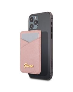 Suport pentru telefon tip  card Guess compatibil cu Apple MagSafe, Saffiano Metal Logo, Piele ecologica, Roz