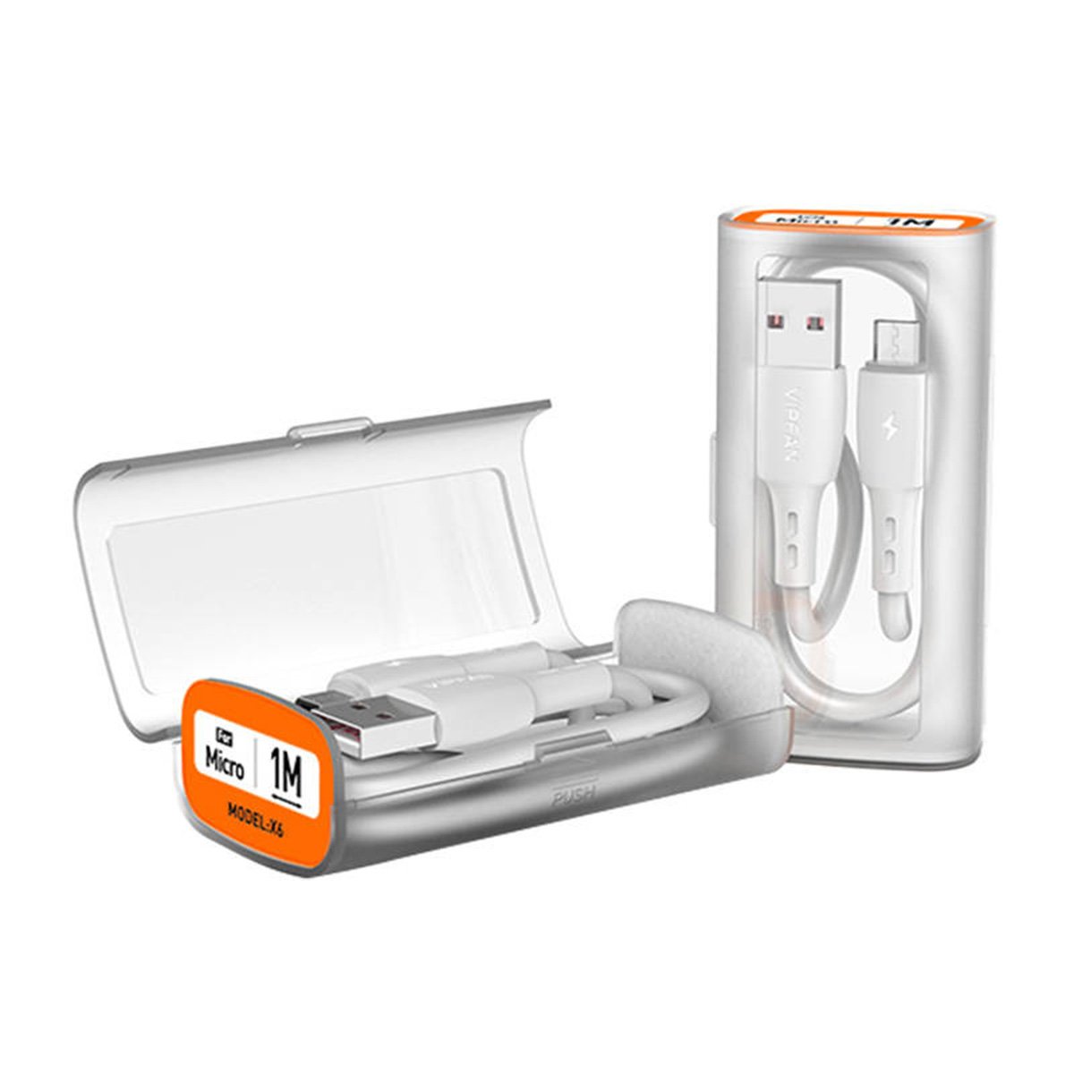 Cablu de date&incarcare Vipfan, X06, USB/Micro-USB, 3A, 1m, Cutie depozitare si transportare, Alb