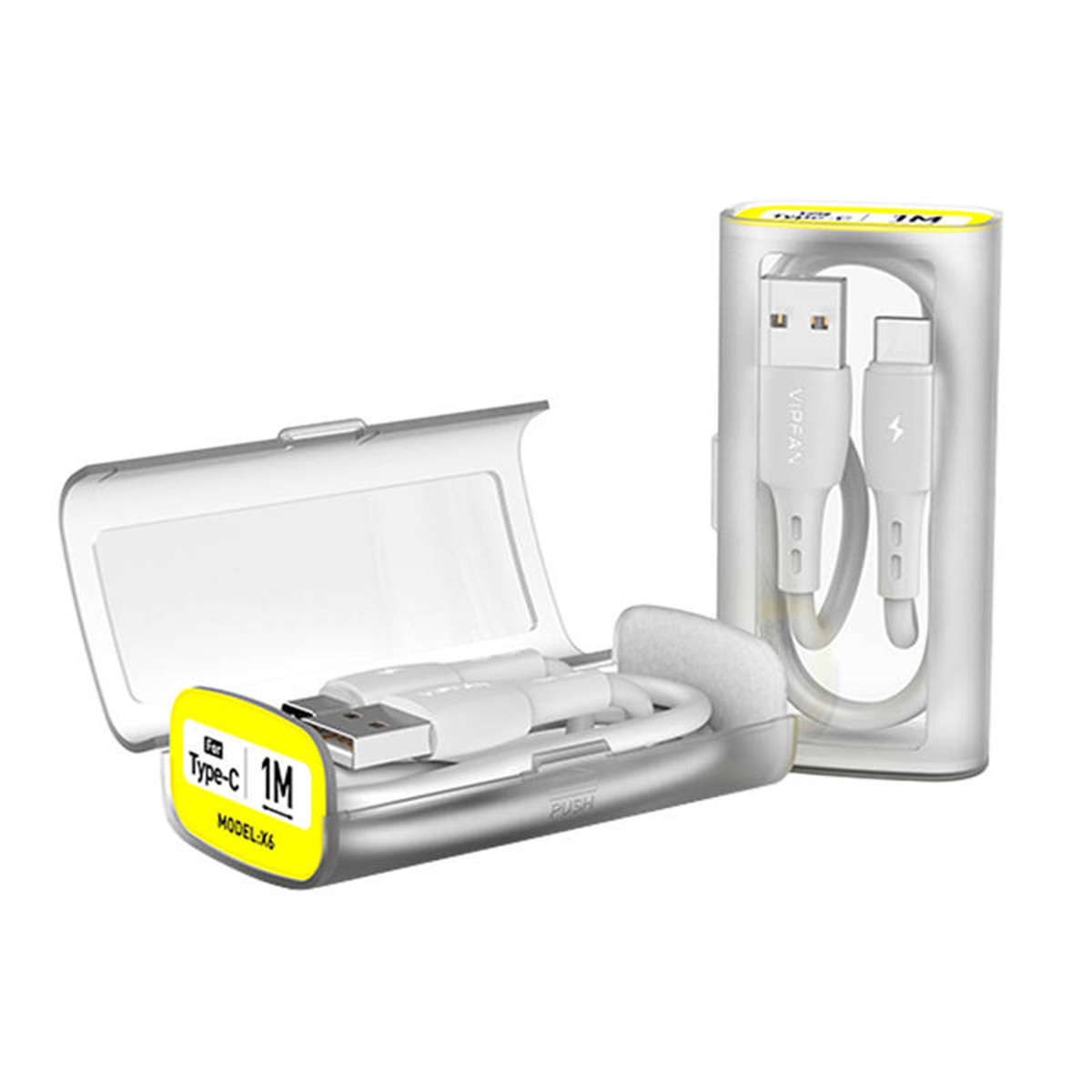Cablu de date&incarcare Vipfan, X06, USB/Type-C, 3A, 1m, Cutie depozitare si transportare, Alb