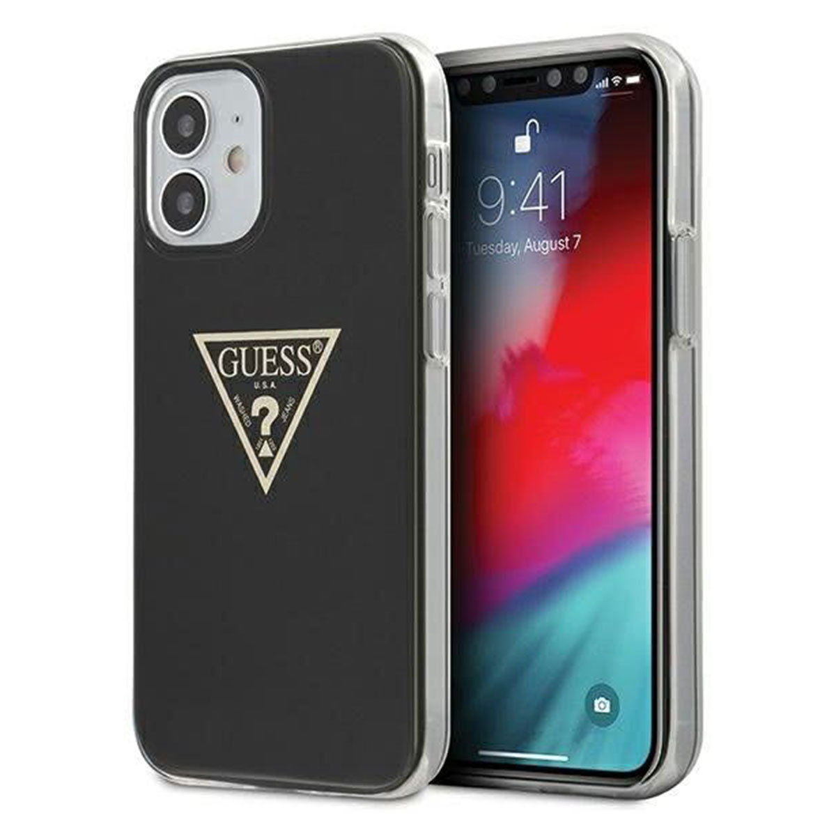 Husa Guess Pentru Iphone 12 Mini, Model Metallic Triangle, Plastic Tpu, Guhcp12spcumptbk, Negru
