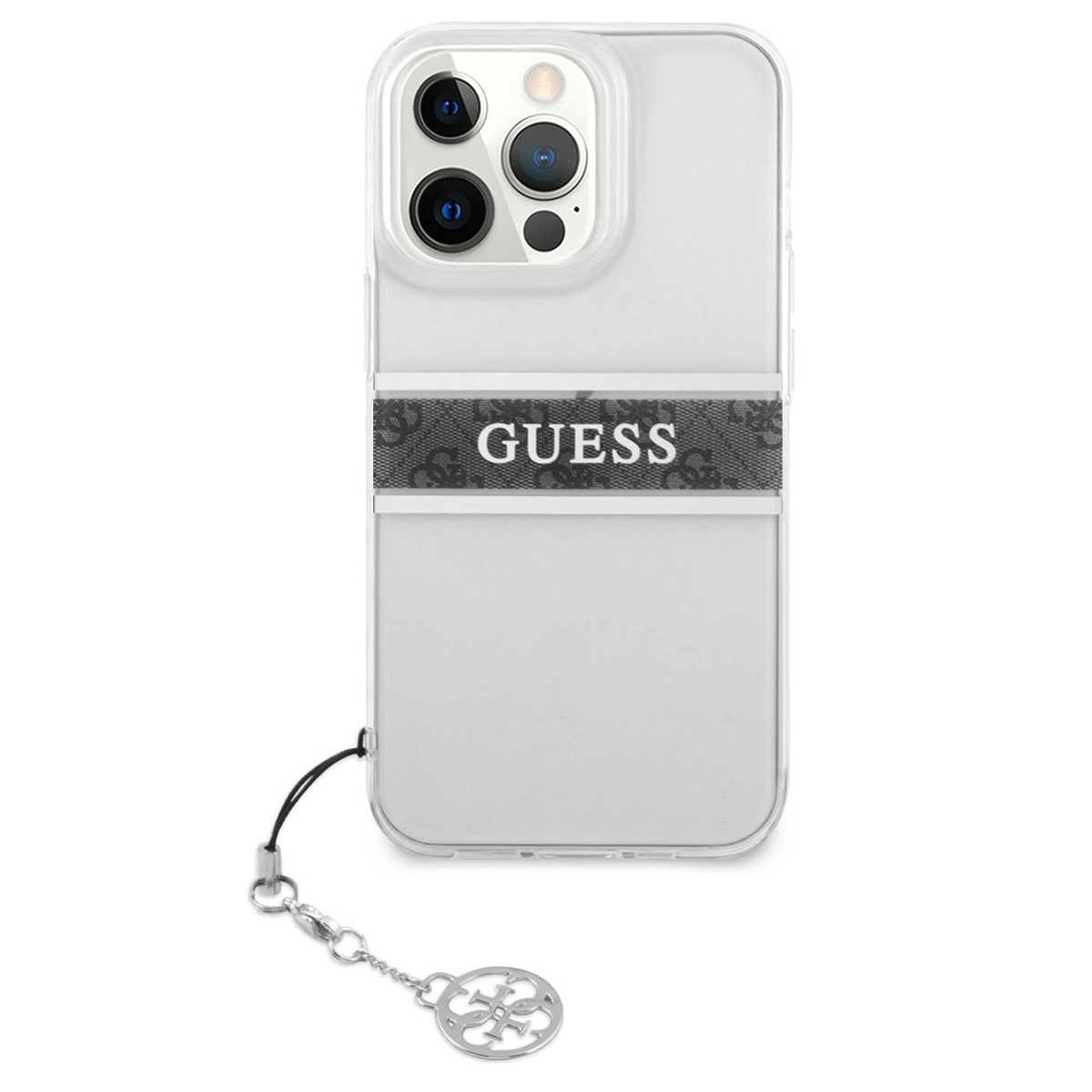 Husa Telefon Guess Pentru Iphone 13 Pro, 4g Grey Stripe&metal Charm, Plastic, Transparent