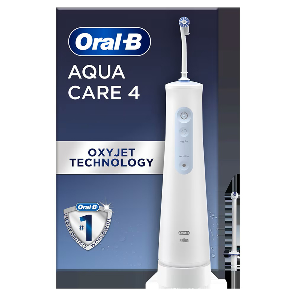 Irigator bucal portabil Oral-B AquaCare 4, Tehnologie Oxyjet, 2 intensitati, 3 fluxuri de apa, 2 capete, fara fir, Alb