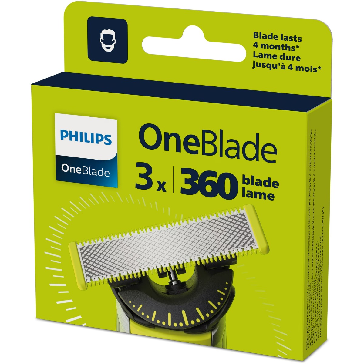 Rezerva OneBlade 360 QP430/50, otel inoxidabil, umed si uscat, kit 3 lame, compatibil cu Philips OneBlade si OneBladePro, Verde
